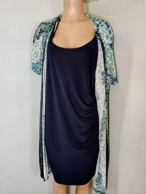 Perceptions Woman Blue & Green Medallion Print Cardigan & Dress Set - Size 18W